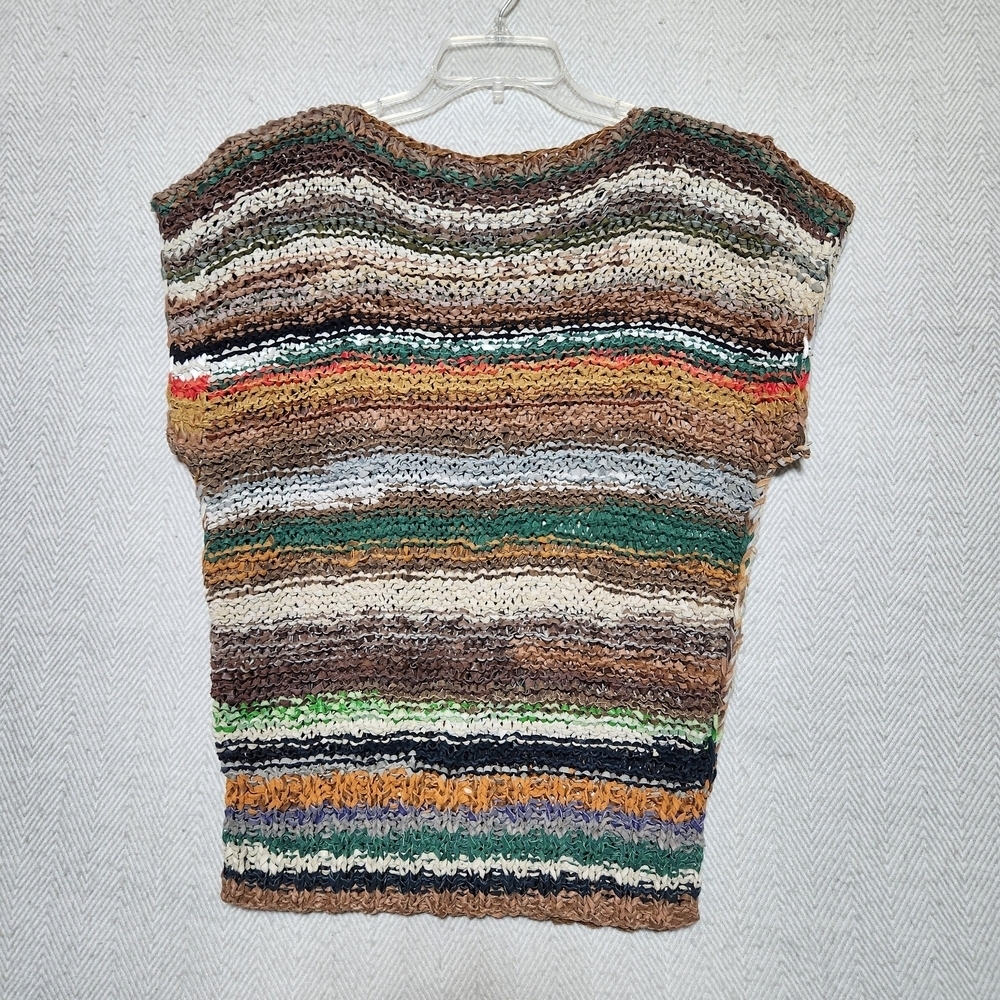 100% Leather Knit Sweater Medium Multicolor w/ Leaf Design Browm Blue Green Tan - Picture 2 of 7